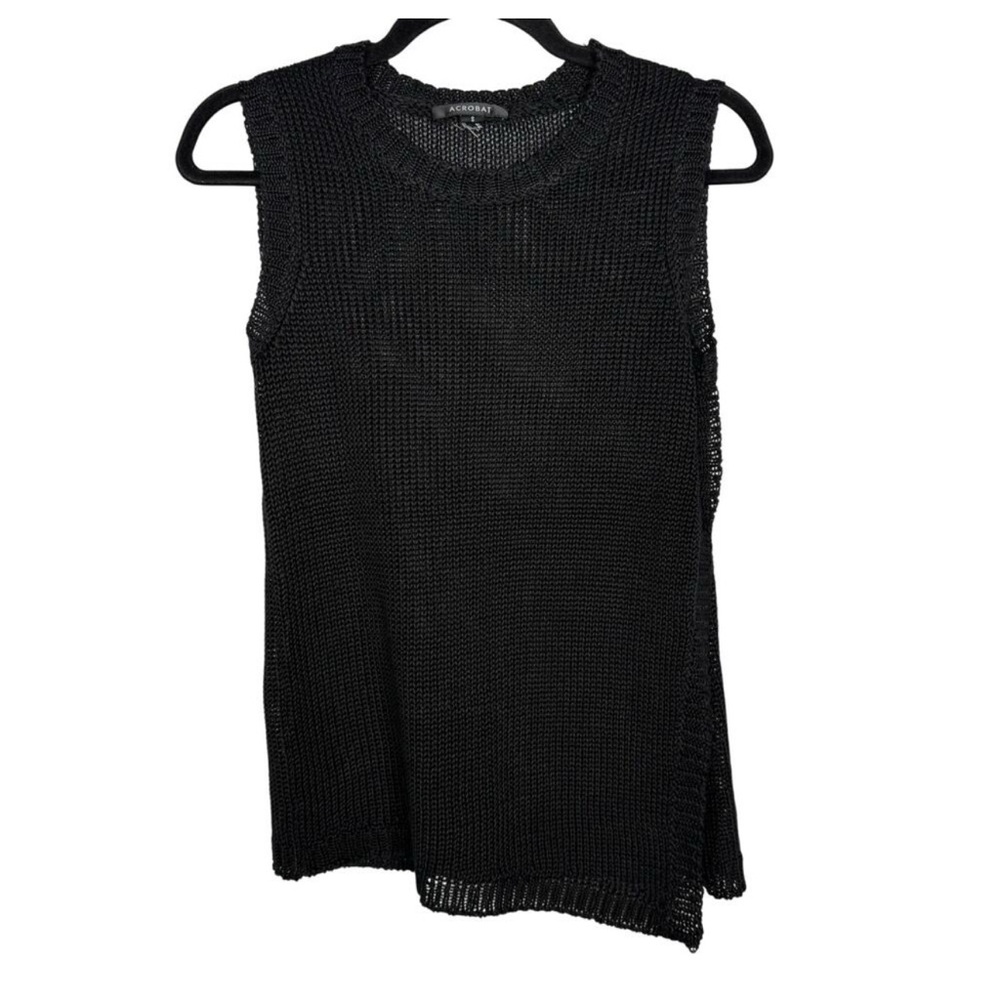 Acrobat Womens Small Black Open Knit Tank Top Side Split Crew Neck Asymmetrical